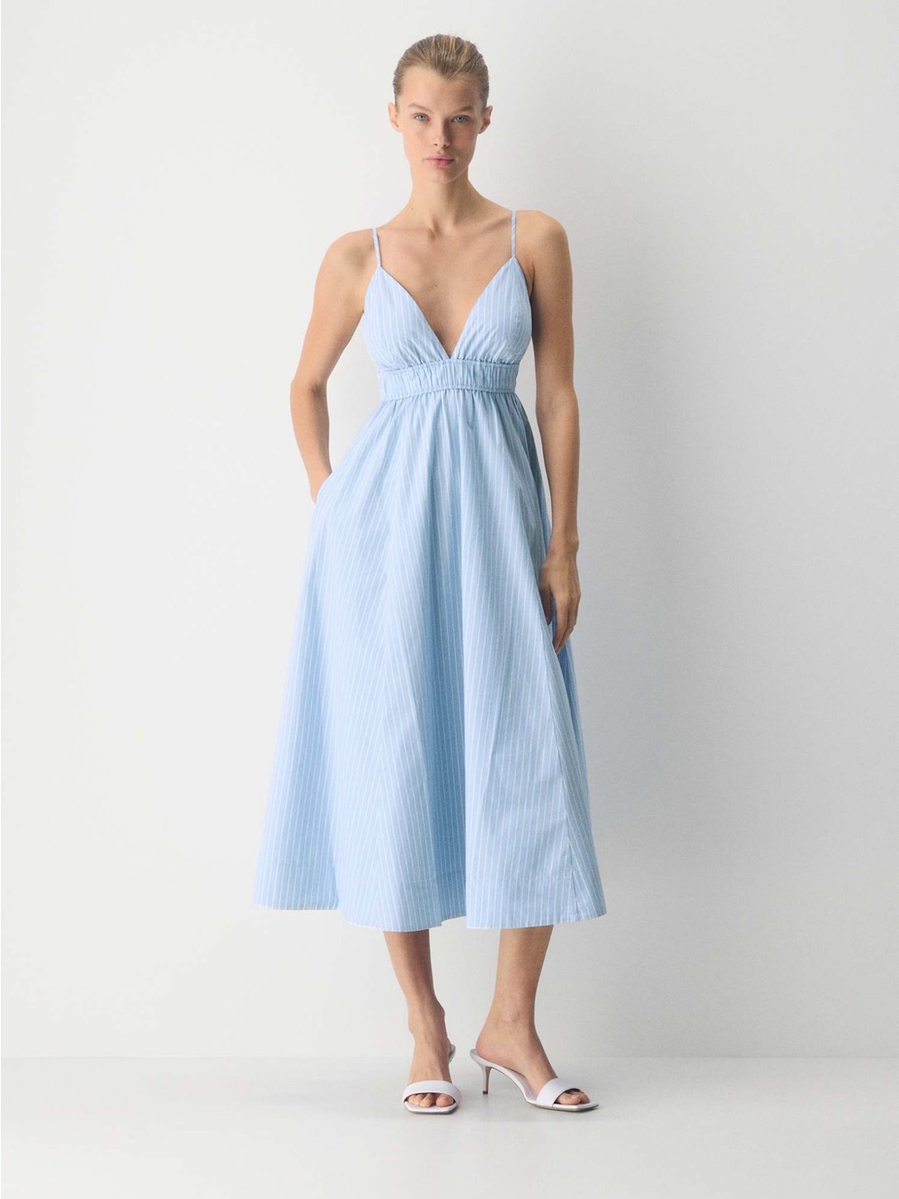Blue White Striped V-Neck Cami Flare Empire Waist Pockets Maxi Cotton Dress M